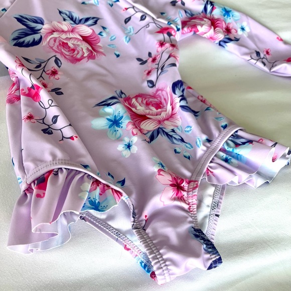 NWOT Toddler Swim One Piece Long Sleeve Rashguard Purple Floral - Picture 3 of 5